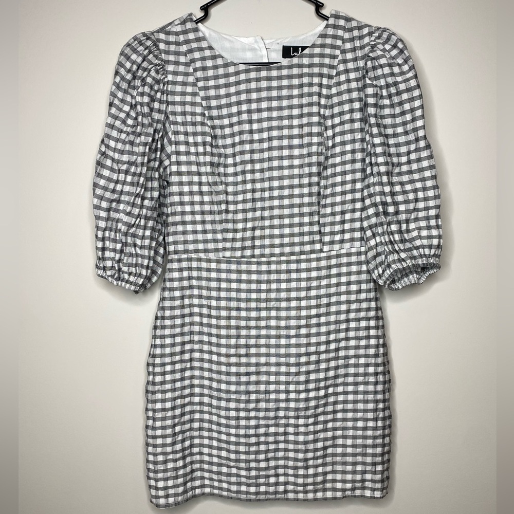 Lulu’s Checks Appeal Black Gingham Seersucker Puff Sleeve Mini Dress Sz Small